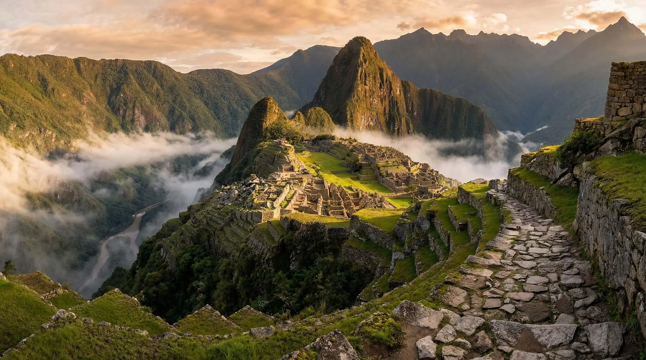 Machu Picchu tours panoramic view of the ancient Inca citadel at sunrise with Huayna Picchu and Andes Mountains