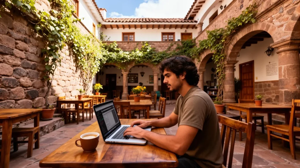 ALT: Traveler booking train to Machu Picchu tickets online on laptop at Cusco hotel ✅ Caption: Book your train to Machu Picchu tickets at least 2 to 4 weeks in advance during peak season