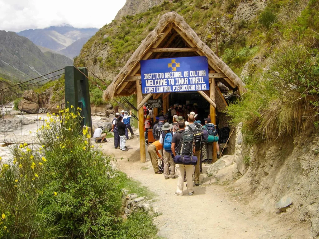 Inca Trail Machu Picchu permit checkpoint at kilometer 82 trailhead entrance gate
